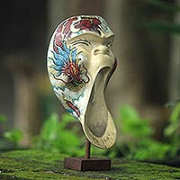 Wood mask, 'Dragon Scream' - Dragon Theme Balinese Hibiscus Wood Mask on Stand