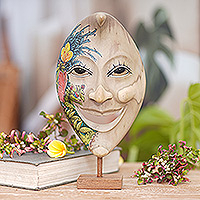 Wood mask, 'Smiling Moon Man' - Artisan Crafted Hand Painted Moon Mask and Stand from Bali