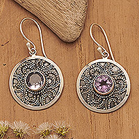Amethyst dangle earrings, 'Balinese Aura' - Balinese Fair Trade Amethyst Sterling Silver Earrings