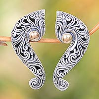 Gold accented sterling silver drop earrings, 'Magnificent Waves' - Sterling Silver Drop Earrings with Wave and Floral Motif