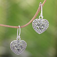 Sterling silver heart earrings, 'Romantic Frangipani' - Handcrafted Floral Heart Earrings in Sterling Silver