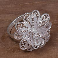 Sterling silver filigree cocktail ring, 'Sterling Jasmine' - Hand Made Sterling Silver Cocktail Ring Floral Indonesia