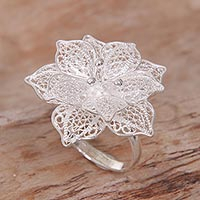 Sterling silver filigree cocktail ring, 'Sterling Tropics' - Hand Made Sterling Silver Hibiscus Flower Cocktail Ring Bali