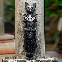 Wood wall sculpture, 'Grey Palace Cat' - Thai Grey Cat Sculpture in Hand Painted Wood