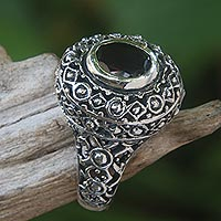 Garnet cocktail ring, 'Ornate Jungle Wreath' - Ornate Balinese Garnet and Sterling Silver Ring