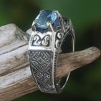 Blue topaz cocktail ring, 'Noble Princess' - Blue Topaz Ring Crafted in Bali of Sterling Silver