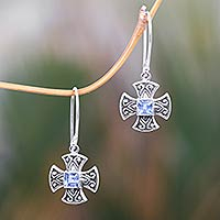 Blue topaz dangle earrings, 'Cross Pattee' - Balinese Handcrafted Silver and Blue Topaz Cross Earrings