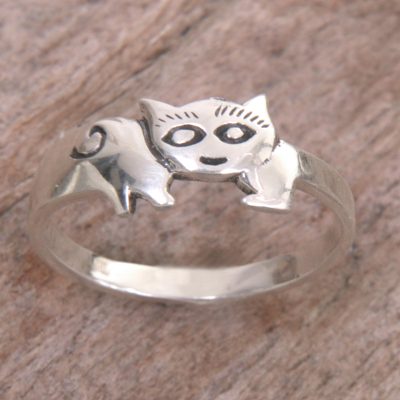 Sterling silver band ring, Cute Cat