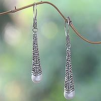 Cultured pearl dangle earrings, 'Borobudur Trumpet' - Cultured Pearl Sterling Silver Dangle Earrings Indonesia