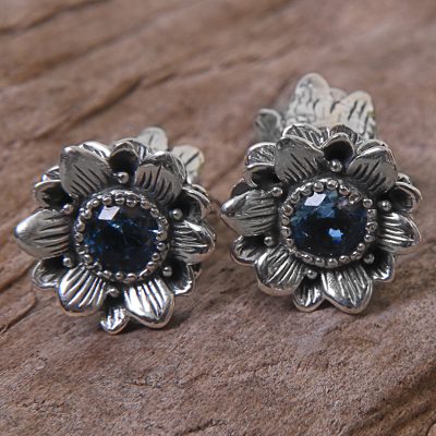 Blue topaz button earrings, Blooming Blue