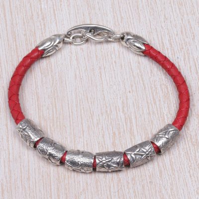 Sterling silver and braided leather wristband bracelet, Daisy Dreams in Red