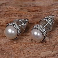 Cultured pearl button earrings,