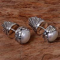 Cultured pearl button earrings,