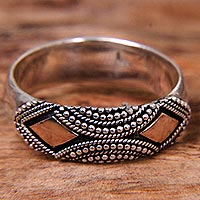 Gold accented sterling silver band ring, 'Golden Stare' - Sterling Silver Ring with Gold Plated Accents