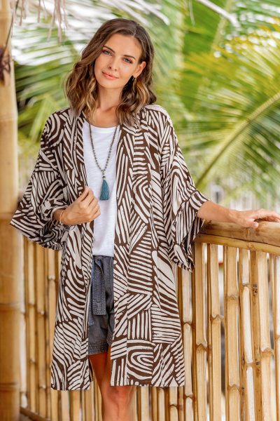 Rayon robe, 'Brown Palm' - Hand Made Rayon Robe in Mahogany and Buff from Indonesia