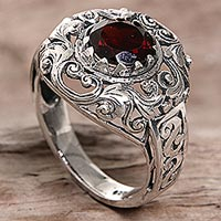 Garnet cocktail ring, 'Crimson Dream' - Garnet Sterling Silver Ring Handmade in Indonesia