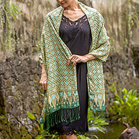Silk batik shawl, 'Truntum Ijo' - Green Truntum Patterned 100% Silk Batik Shawl