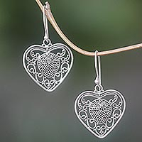 Sterling silver dangle earrings, 'Heart-Shaped Offering' - Sterling Silver Heart Dangle Earrings from Indonesia