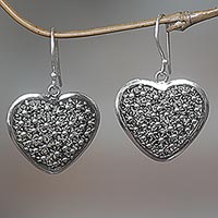 Sterling silver dangle earrings, 'Spangled Hearts' - Hand Made Sterling Silver Dangle Earrings Heart Indonesia