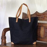 Cotton and leather accent tote bag Classic Black Indonesia