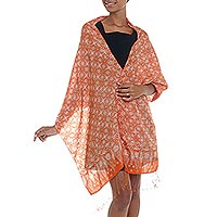 Silk batik shawl, 'Truntum Star' - Silk Shawl with Tangerine Truntum Motifs from Indonesia