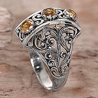 Citrine cocktail ring, 'Golden Triad' - Citrine and Sterling Silver Ring Hand Crafted in Indonesia
