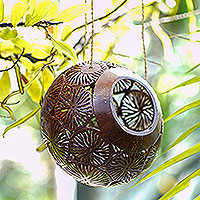 Coconut shell birdhouse, 'Dancing Suns' - Coconut Shell Agel Cord Hanging Birdhouse from Indonesia