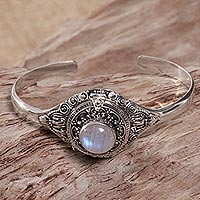 Rainbow moonstone locket cuff bracelet, 'Moon Door' - Rainbow Moonstone Sterling Silver Cuff Bracelet Indonesia