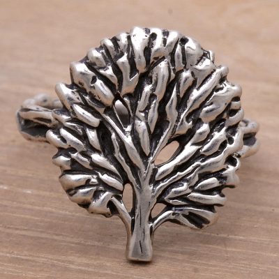 Artisan Signed Sterling Silver Cocktail Ring with Tree Motif