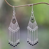 Onyx waterfall earrings, 'Bali Raindrops' - Sterling Silver Onyx Dangle Earrings Handmade in Indonesia