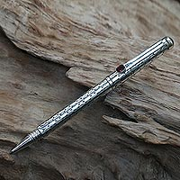 Sterling silver and garnet ballpoint pen, 'Garnet Gleam' - Handmade Indonesian Sterling Silver and Garnet Ballpoint Pen