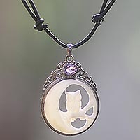 Amethyst and bone pendant necklace, 'Nighttime Owl' - Bone Sterling Silver Amethyst Pendant Necklace Indonesia