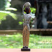 Wood statuette, 'Balinese Lady' - Hand Carved Antiqued Albesia Wood Sculpture from Bali
