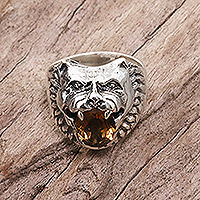 Citrine cocktail ring, 'Fierce Wolf' - Sterling Silver Citrine Cocktail Ring Wolf Face Indonesia
