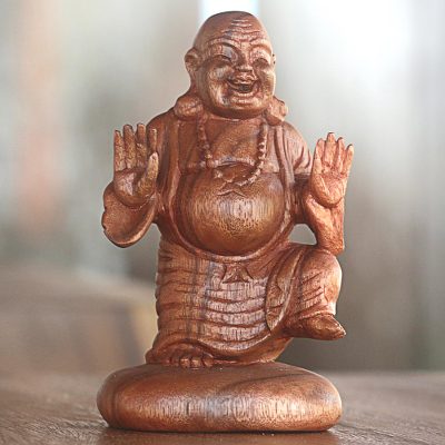 Wood statuette, 'Jubilant Buddha' - Hand Carved Suar Wood Laughing Buddha Statuette