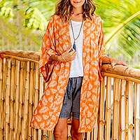Rayon robe, 'Windy Beach in Orange' - Balinese Rayon Print Robe in Ivory and Orange