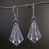 Amethyst dangle earrings, 'Jalak Tail' - Handmade Sterling Silver Amethyst Dangle Earrings Indonesia