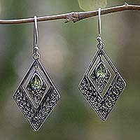 Peridot dangle earrings, 'Green Rhombus' - Geometric Sterling Silver Peridot Dangle Earrings Indonesia