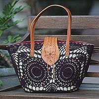 Natural fiber and leather accent shopping bag Twin Boysenberry Mandalas Indonesia