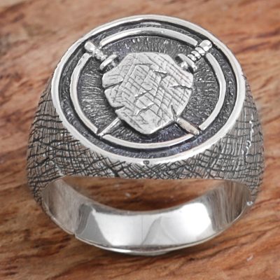 Mens sterling silver signet ring, Indra Shield