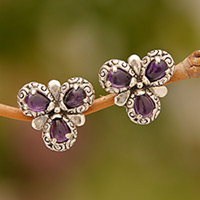 Amethyst button earrings, 'Three Purple Petals' - Sterling Silver Amethyst Button Earrings from Indonesia