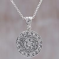 Sterling silver pendant necklace, 'Frangipani Altar' - Circular Floral Sterling Silver Pendant Necklace Indonesia