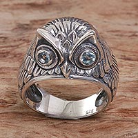 Blue topaz domed ring, 'Night Watcher in Blue' - Sterling Silver Blue Topaz Owl Domed Ring from Indonesia