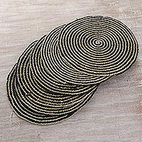Pandan leaf placemats Tabletop Spirals in Black set of 6 Indonesia