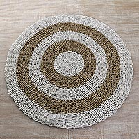 Pandan leaf and recycled plastic area rug Solar Halo 3 feet diameter Indonesia