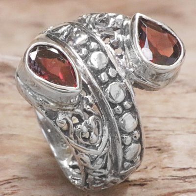 Beaded bracelets - Garnet and Sterling Silver Cocktail Ring from Indonesia