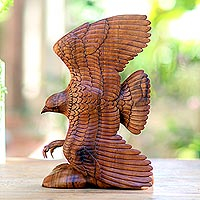 Wood sculpture, 'Flying Brown Eagle ' - Hand Carved Realistic Wood Eagle Sculpture from Bali