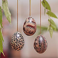 Batik wood ornaments, 'Parang Eggs' (set of 3) - Batik Wood Egg Ornaments (Set of 3) from Indonesia