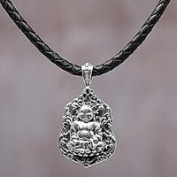 Sterling silver pendant necklace, 'Pu-Tai Buddha' - Sterling Silver Leather Buddha Pendant Necklace Indonesia