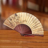 Silk and mahogany wood fan,